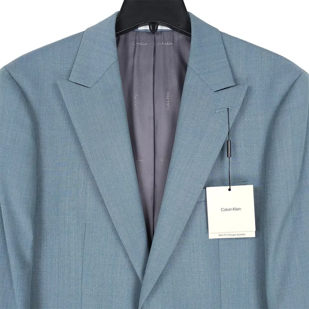 Calvin Klein Mens Slim Fit Suit Jacket Blazer 42L Green Solid Stretch Wool Blend
